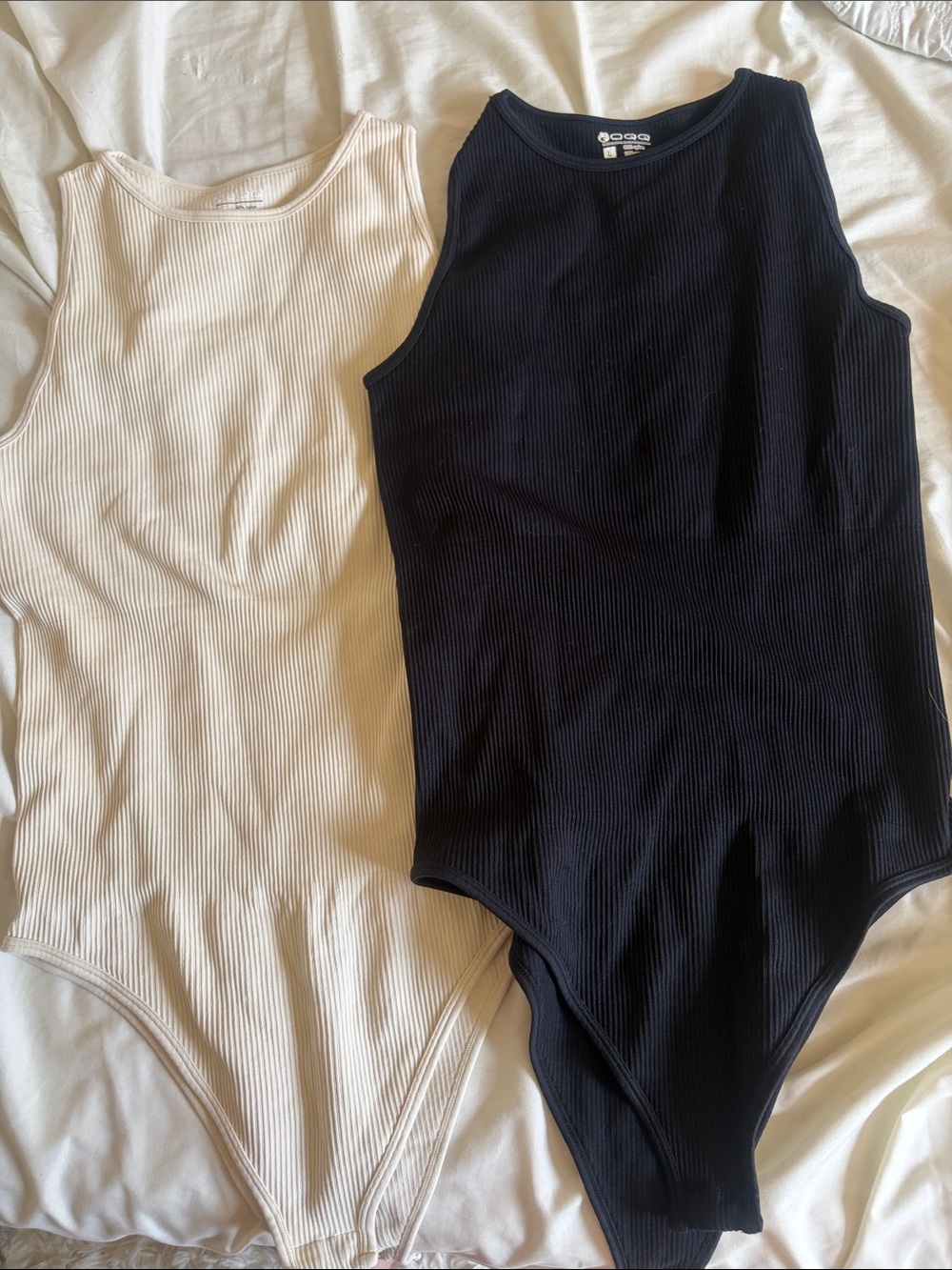 2 Ribbed Tank Bodysuits in Cream and Black